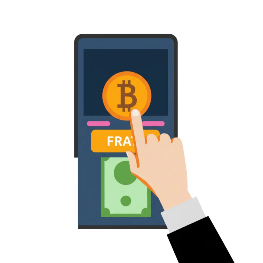 An illustration showing the process of cryptocurrency conversion to fiat currency at an ATM with a smooth user experience