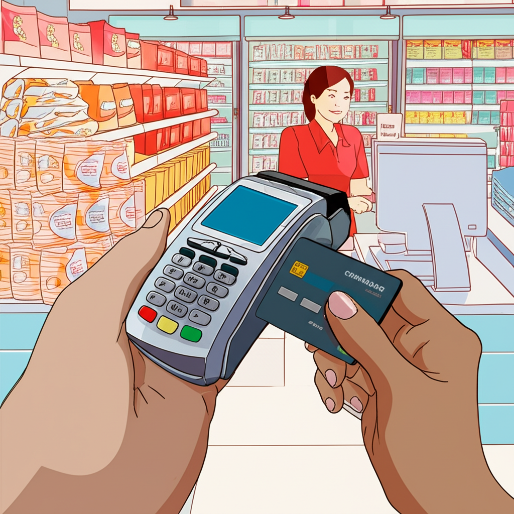 台灣本地商店中使用加密貨幣信用卡的個人插圖
