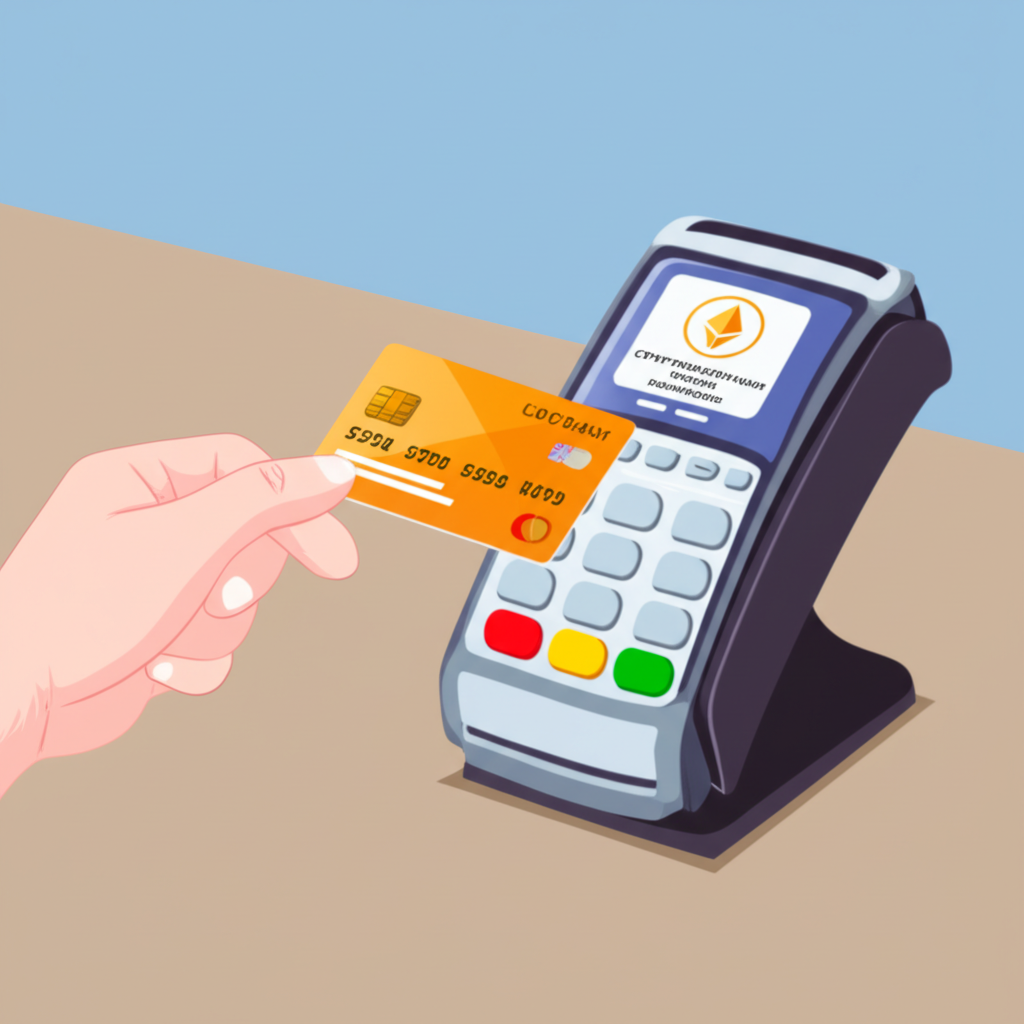 Illustration of a cryptocurrency credit card being used in a retail store showing seamless transactions