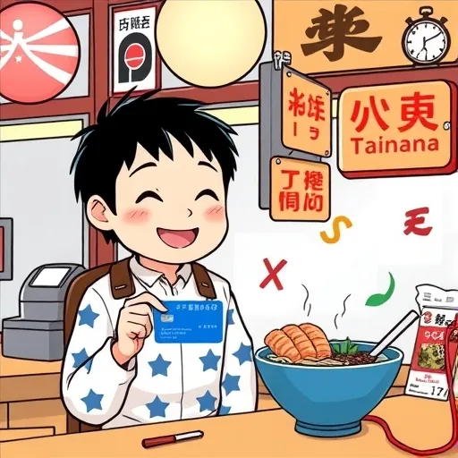 台灣網友在日本拉麵店快樂使用雙幣信用卡，浮現貨幣符號象徵高效換匯與聰明消費