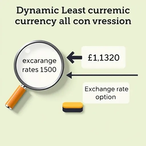 A visual representation of dynamic currency conversion with a magnifying glass highlighting a less favorable exchange rate contrasted with a direct bank exchange rate option