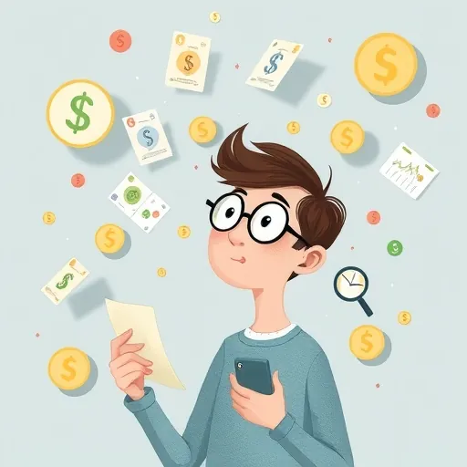 思考者周圍浮動貨幣圖標與放大鏡檢查卡片與圖表的奇幻插圖，象徵多幣卡決策洞察