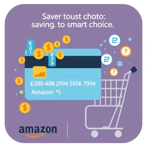 An infographic style illustration of a credit card with various currency symbols and a shopping cart on Amazon, emphasizing savings and smart choices