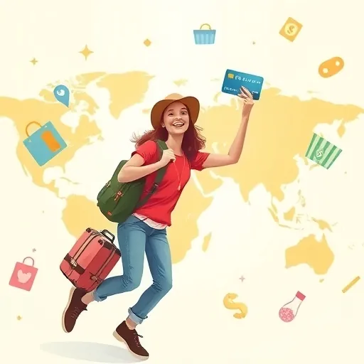 旅客在世界地圖上快樂使用信用卡，周圍散布購物圖標與貨幣符號，象徵永豐幣倍卡海外消費的正能量回饋