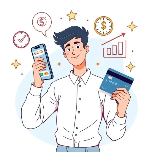 人士自信管理財務，手機顯示匯率與信用卡，周圍環繞儲蓄成長符號，象徵永豐幣倍卡的匯率掌控與優勢