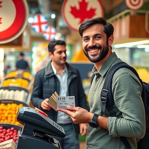 快樂的旅客在熱鬧的外國市場中比較信用卡終端的貨幣選項