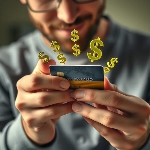 一個人仔細檢視信用卡，周圍浮現多種貨幣符號，散發財務機會的柔光