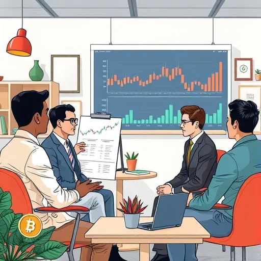 傳統金融顧問向投資者解釋數位資產圖表，融入虛擬貨幣元素