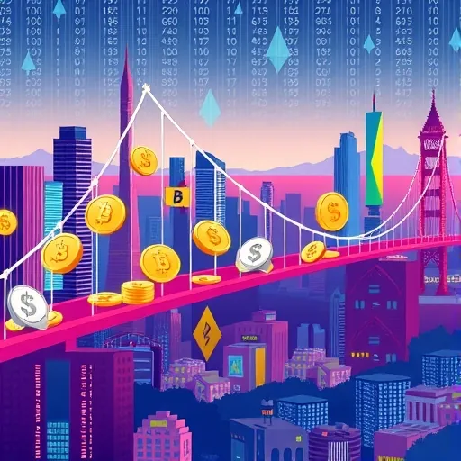 數位橋樑連結傳統貨幣與加密符號，背景融入區塊鏈圖案的城市景觀