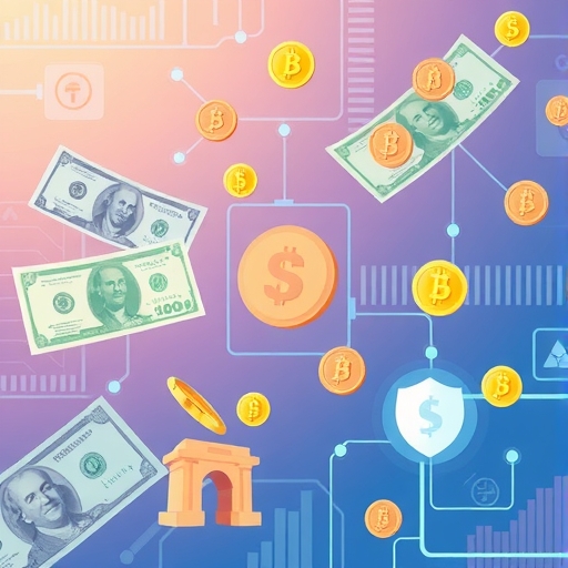 不同貨幣鈔票和硬幣透過安全數位交易介面順利交換的插圖場景