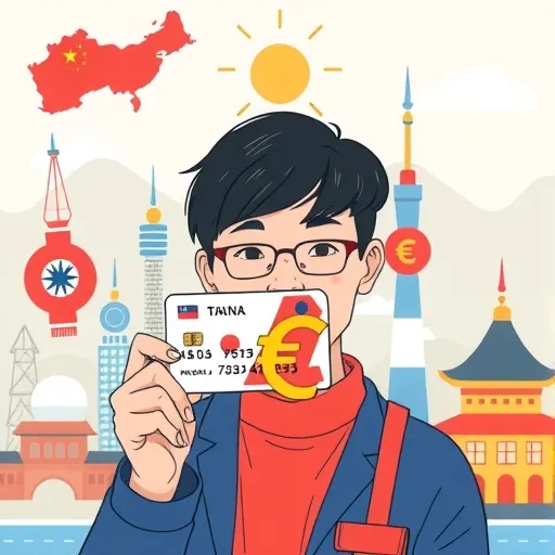 台灣人手持台新雙幣信用卡，環繞日圓美元歐元符號，背景為亞洲歐洲美國地標的插圖
